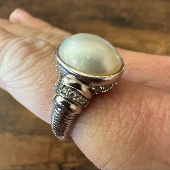 Judith Ripka 925 Sterling Silver Pearl Ring with CZ Accent Stones Size 8 - Picture 1 of 11